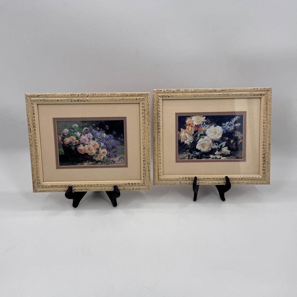 Vintage Framed Floral Still Life Prints Pair Basket of Flowers 12x10